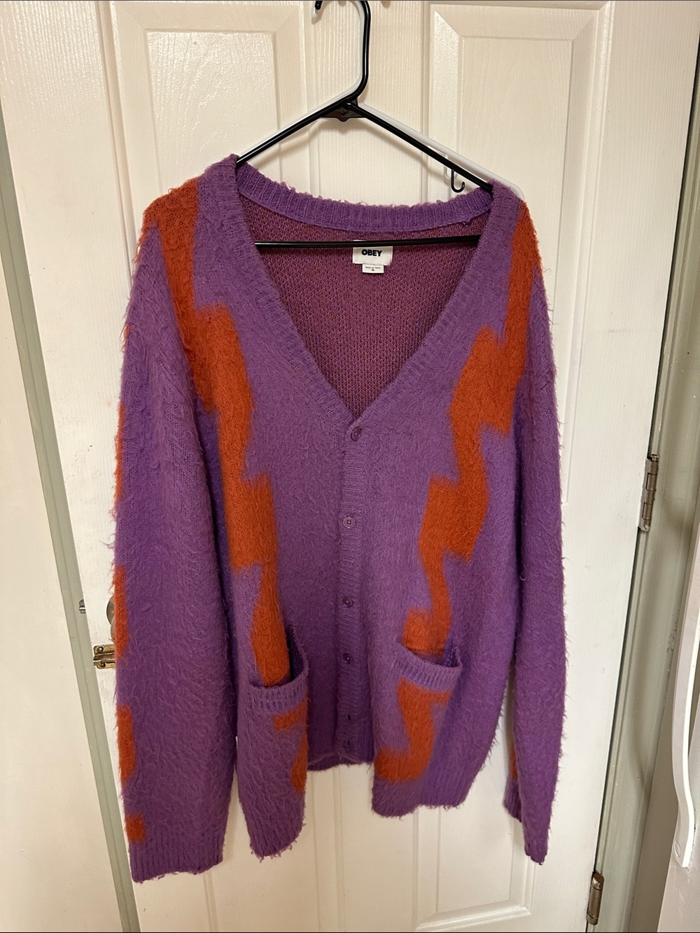 Obey Purple and Orange Fuzzy Zigzag Button Cardigan